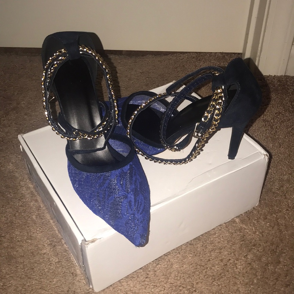 Shoes - Blue/Black Pumps Size 10 with Gold trim